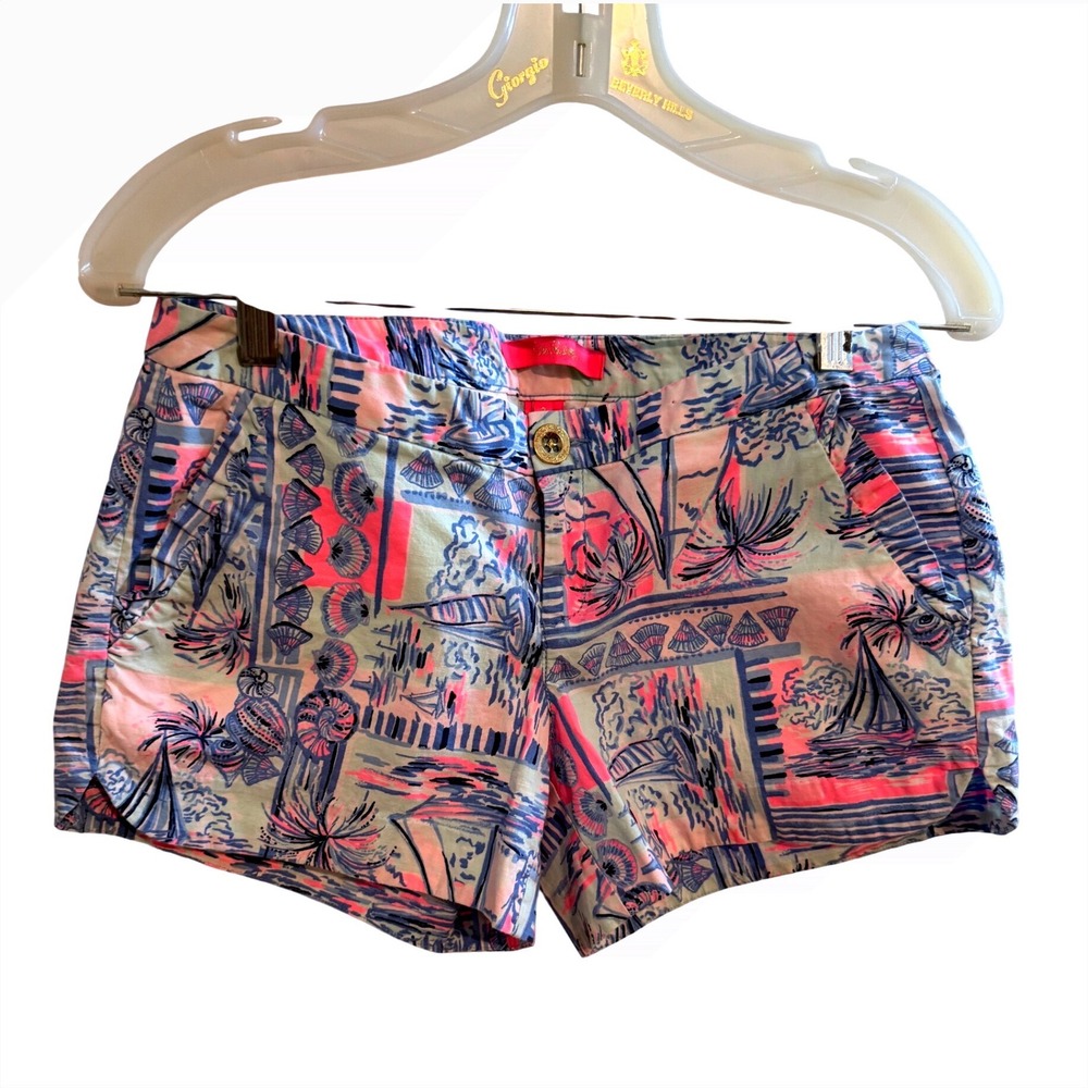 Lilly Pulitzer Callahan Shorts Size 2 Pink Blue Tropical Beach‎ Palm Tree Print